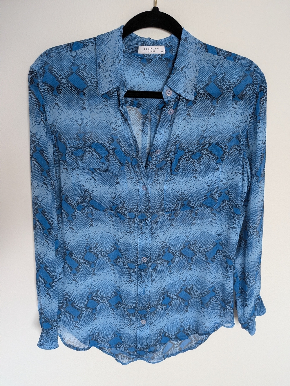 Equipment Blue Snake-Print Silk Button-Down Blouse Size XS